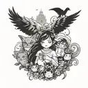 studio ghibli sleeve with the characters , calcifer, soot sprites, Howl, Sophie, and Arietty  tattoo design idea