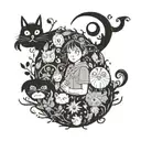 studio ghibli sleeve with the characters , calcifer, soot sprites, Howl, Sophie, and Arietty  tattoo design idea