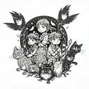 studio ghibli sleeve with the characters , calcifer, soot sprites, Howl, Sophie, and Arietty  tattoo design idea