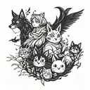 studio ghibli sleeve with the characters , calcifer, soot sprites, Howl, Sophie, and Arietty  tattoo design idea