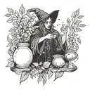 A spooky witch brewing magic potions with eucalyptus leaves in the background tattoo design idea