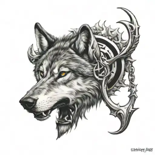 wolf face and trishul trident piercing tattoo design idea