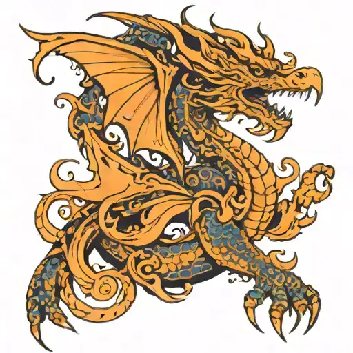 An intricate tattoo design featuring Mon fils Elios as a mythical creature, such as a dragon or phoenix tattoo design idea