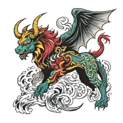 chimera mix between bull and dragon  tattoo design idea