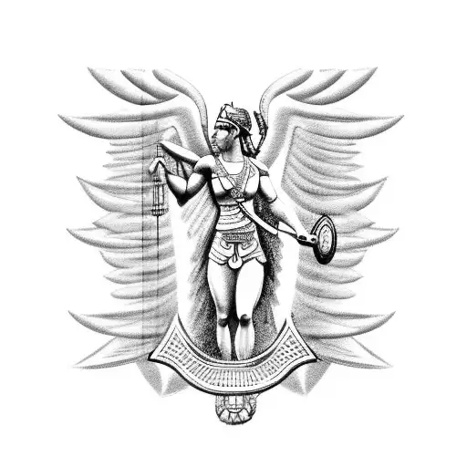 A tattoo of the Greek goddess Athena standing in front of a police badge, with a clockwork mechanism integrated into the design. tattoo design idea