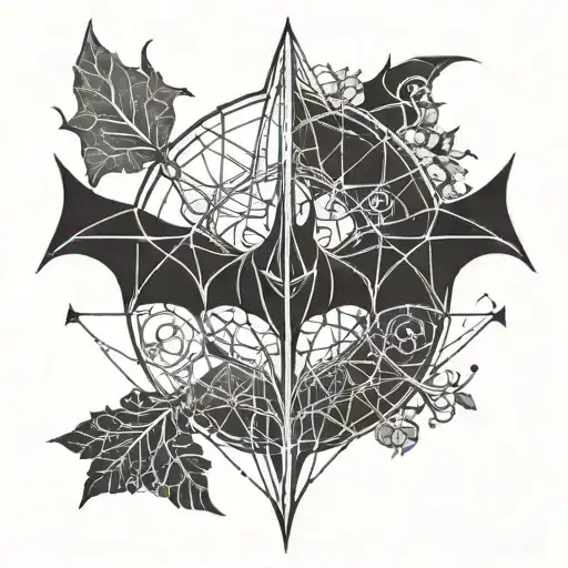 geometric tattoo incorporating a batman begins bat logo, the aquarius, scorpio, and cancer symbols, and a family tree tattoo design idea