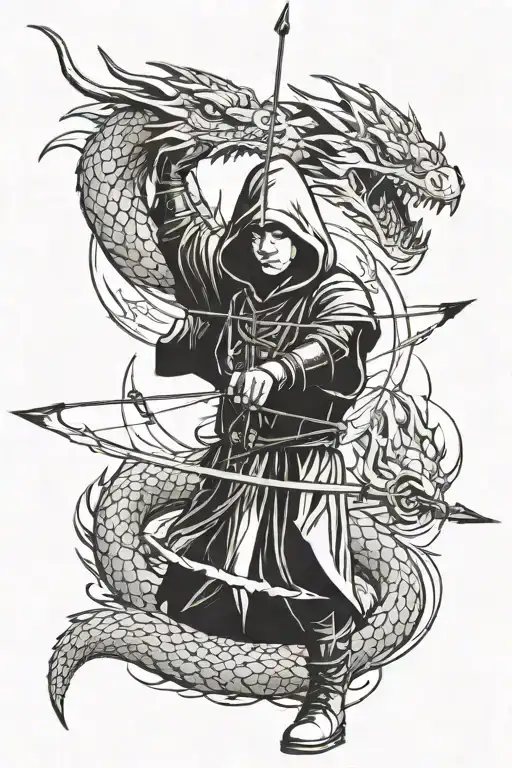 hooded archer shooting arrows at a dragon breathing fire tattoo design idea