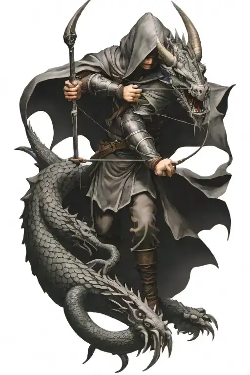 Hooded archer shooting arrow at a dragon wrapped tattoo design idea