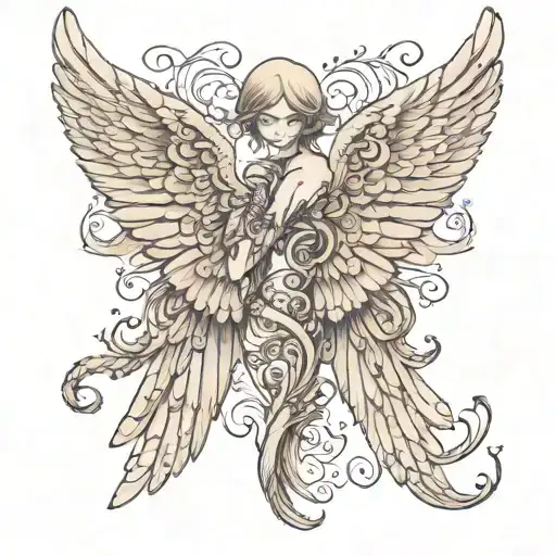 An intricate pair of angel wings, spreading gracefully across the back and extending onto the upper arms. The wings shou tattoo design idea
