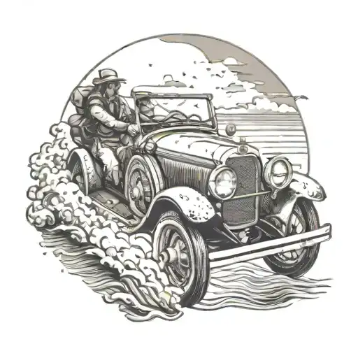 An adventurous explorer driving a vintage car along the ocean shore tattoo design idea