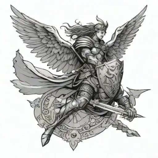 Valkyrie flying holding a dead knight still clutching his sword and shield tattoo design idea