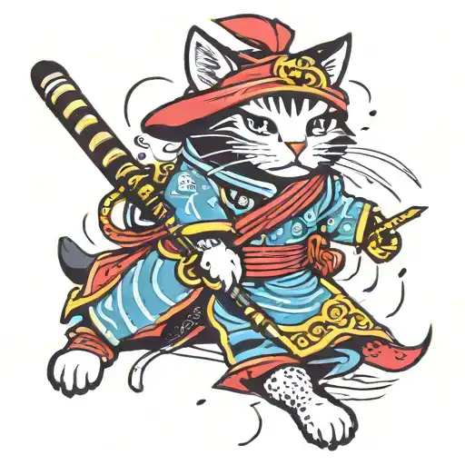 cat samurai rain japan tattoo design idea