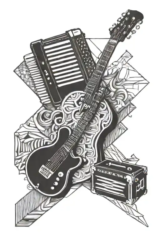 One guitar, one accordion, one saucepan tattoo design idea