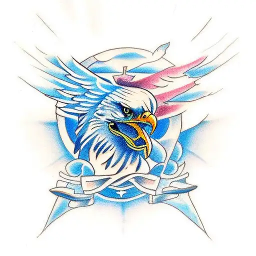 Design a traditional style tattoo featuring an eagle soaring above a warrior wielding an axe with piercing blue eyes. tattoo design idea