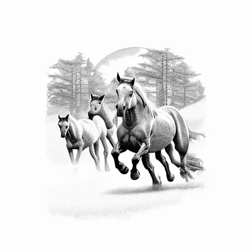 A border reiver leading a pack of wild horses across the Northumberland landscape tattoo design idea