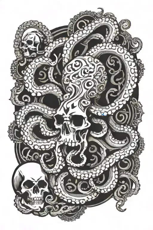 octopus holding items and skull mandala design incorporating tattoo design idea