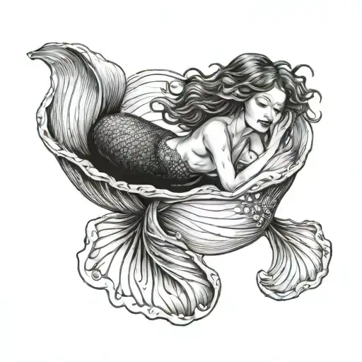 black mermaid in clam shell   tattoo design idea