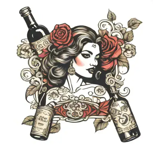 beautiful woman inwine bottle tattoo design idea