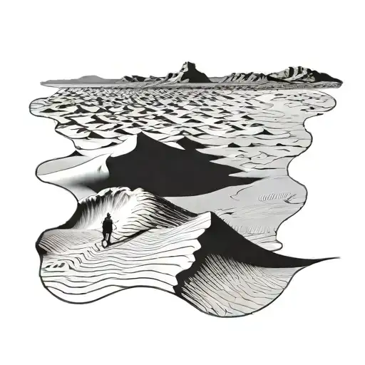 Vast, endless sandy landscape: unstable dunes, hot, driving wind. Demon: Slow, powerful, marked by deep cracks, floating tattoo design idea