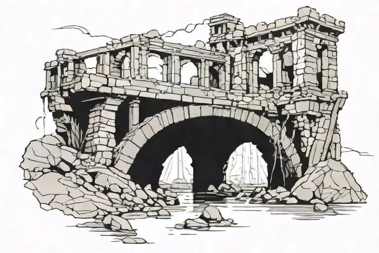 Crumbling bridge: Once magnificent, now in ruins, weathered and crumbling stones. Demon: Standing on the remaining bridg tattoo design idea