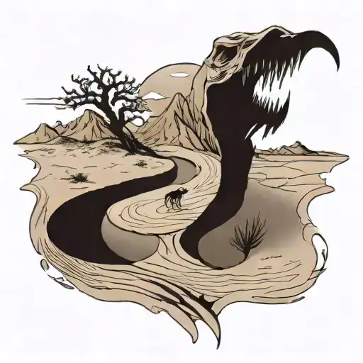 Vast, endless sandy landscape: unstable dunes, hot, driving wind. Demon: Slow, powerful, marked by deep cracks, floating tattoo design idea