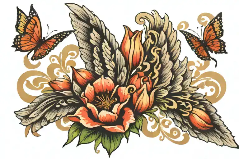 Roman numerals with wings and vietnamese tulips tattoo design idea