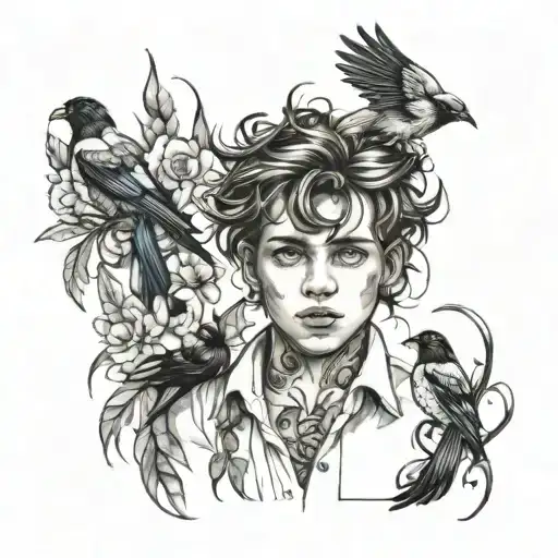 boy with magpie hair and unbuttoned shirt tattoo design idea