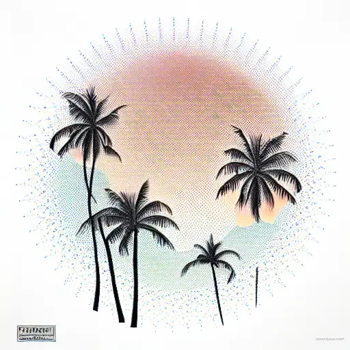 Landscape with palms, a rising sun, a lot of greens, a sky with space above tattoo design idea