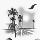 Landscape with palms, a rising sun, a lot of greens, a sky with space above tattoo design idea