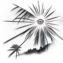 Landscape with palms, a rising sun, a lot of greens, a sky with space above tattoo design idea