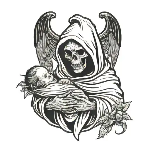 grim reaper holding newborn baby tattoo design idea