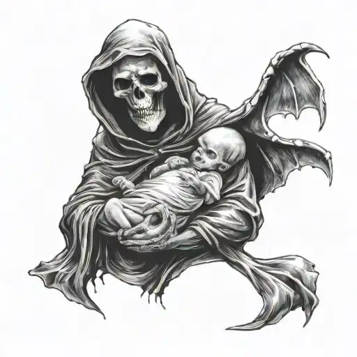 grim reaper holding a newborn  baby  tattoo design idea