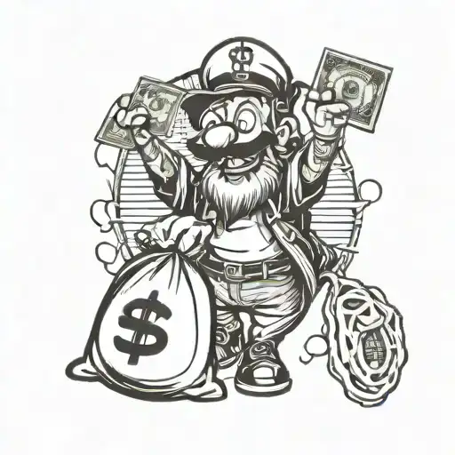 A tattoo of a comedic cartoon character with a money bag and a halo, reflecting your passion for comedy and money tattoo design idea