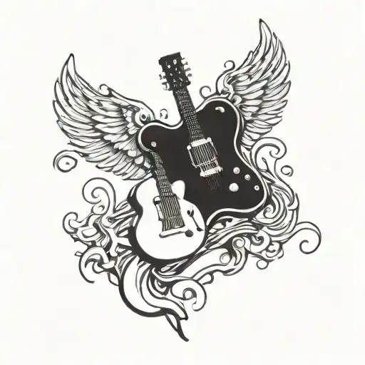 An electric guitar with wings and flames as the body tattoo design idea