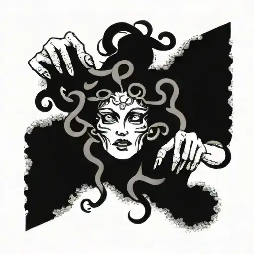 Medusa head holding up 2 middle fingers gray and black  tattoo design idea