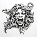 Medusa head with 2 extra snakes beside her with there mouths open and fangs out  tattoo design idea
