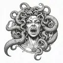 Medusa head with 2 extra snakes beside her with there mouths open and fangs out  tattoo design idea