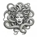 Medusa head with 2 extra snakes beside her with there mouths open and fangs out  tattoo design idea