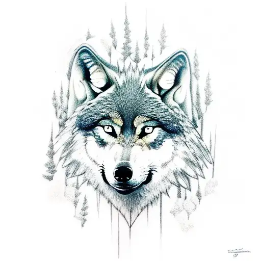 a wolf in a forrest looking at water with a reflection in the river of its younger self tattoo design idea