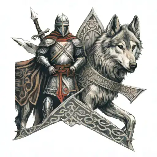 Knight templar with a wolf companion on a celtic background tattoo design idea