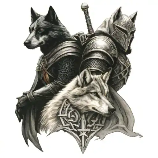 Knight templar with a wolf companion on a celtic background tattoo design idea