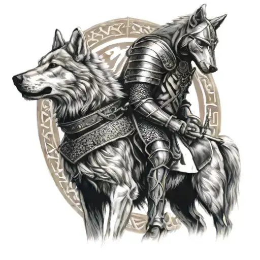 Knight templar with a wolf companion on a celtic background tattoo design idea