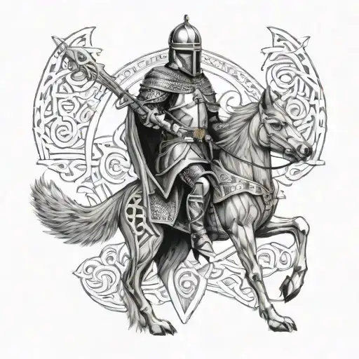 Knight templar with a wolf companion on a celtic background tattoo design idea