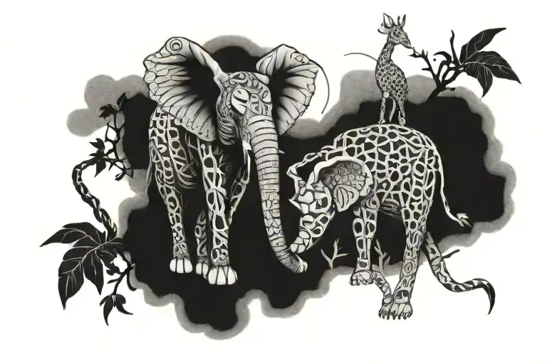 elephant giraffe and owl perched tattoo design idea