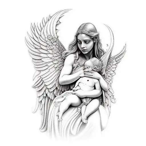 Fantasy scene of a mother angel protecting her child tattoo design idea