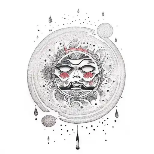 dying sun with crying moon and drips tattoo design idea