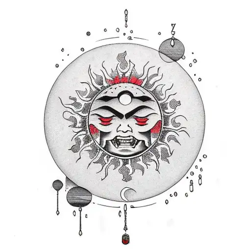 dying sun with crying moon and drips tattoo design idea