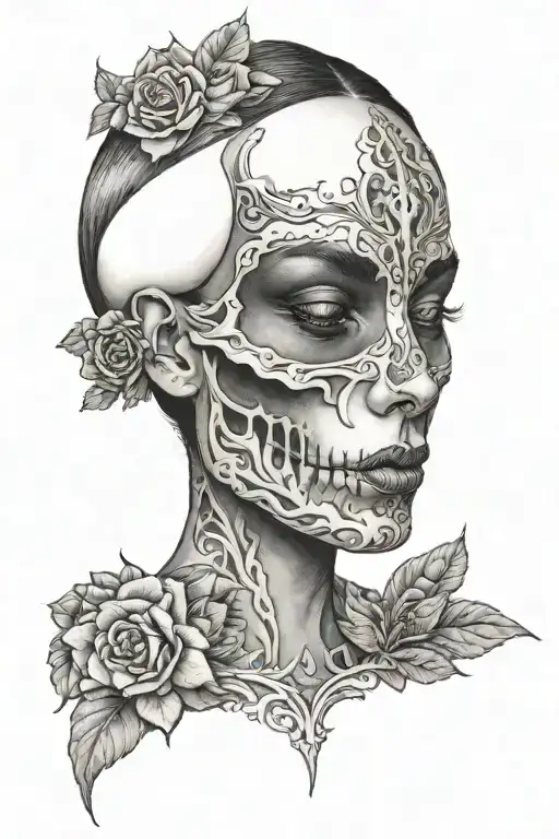 A black-grey tattoo of a beautiful half woman's face merging into a skull, symbolizing the duality of beauty and darkness tattoo design idea