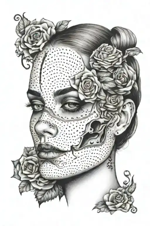 A dotwork tattoo featuring a half woman's face and half skull, with a touch of beauty and darkness tattoo design idea
