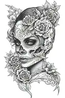 half skull half woman's face merged together symbolizing tattoo design idea